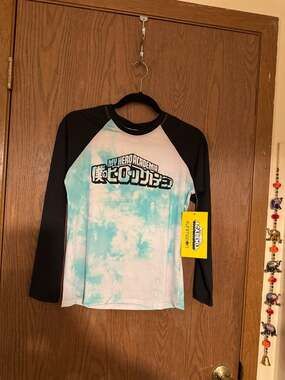 My Hero Academia Shirt Girl's L swim rashguard White Green Anime Crew Neck Long